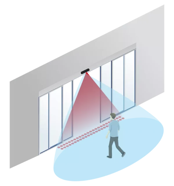 sensor puerta automatica deslizante peatonal persona zona activacion azul seguridad roja